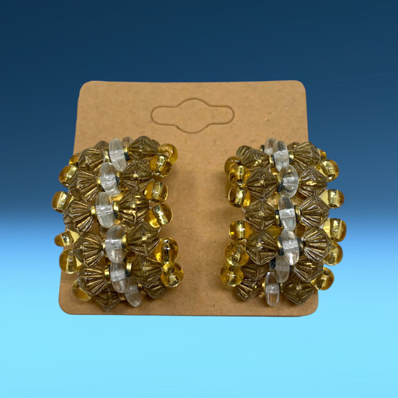 Vintage 1980s Earrings Beaded Acrylic Semi Hoop Cluster Clip On Huggie Wrap - Picture 4 of 5